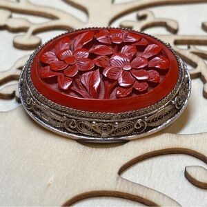 Red Chinese Good Luck Cinnabar Brooch Filigree Hand Carved Antique 925 Silver